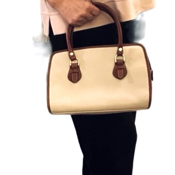 VTG 90s Liz Claiborne Leather Rolled Dual Handle Cream Pebbled Leather brown Bag - Picture 2 of 15